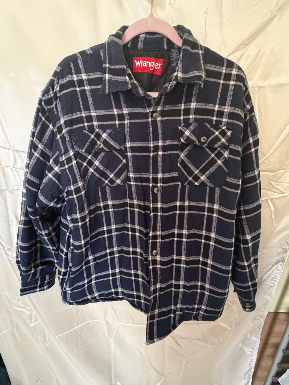 Wrangler Men’s Large Quilted Lined Flannel Shirt Jacket Navy Plaid Shacket